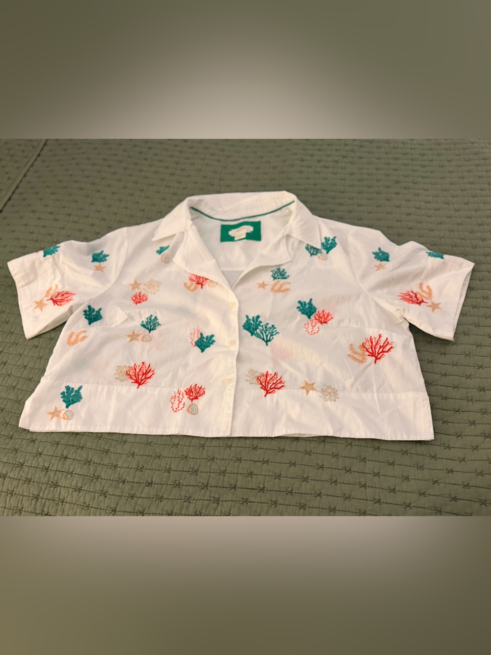 Kids White Short-Sleeve Shirt with Coral & Teal Embroidery